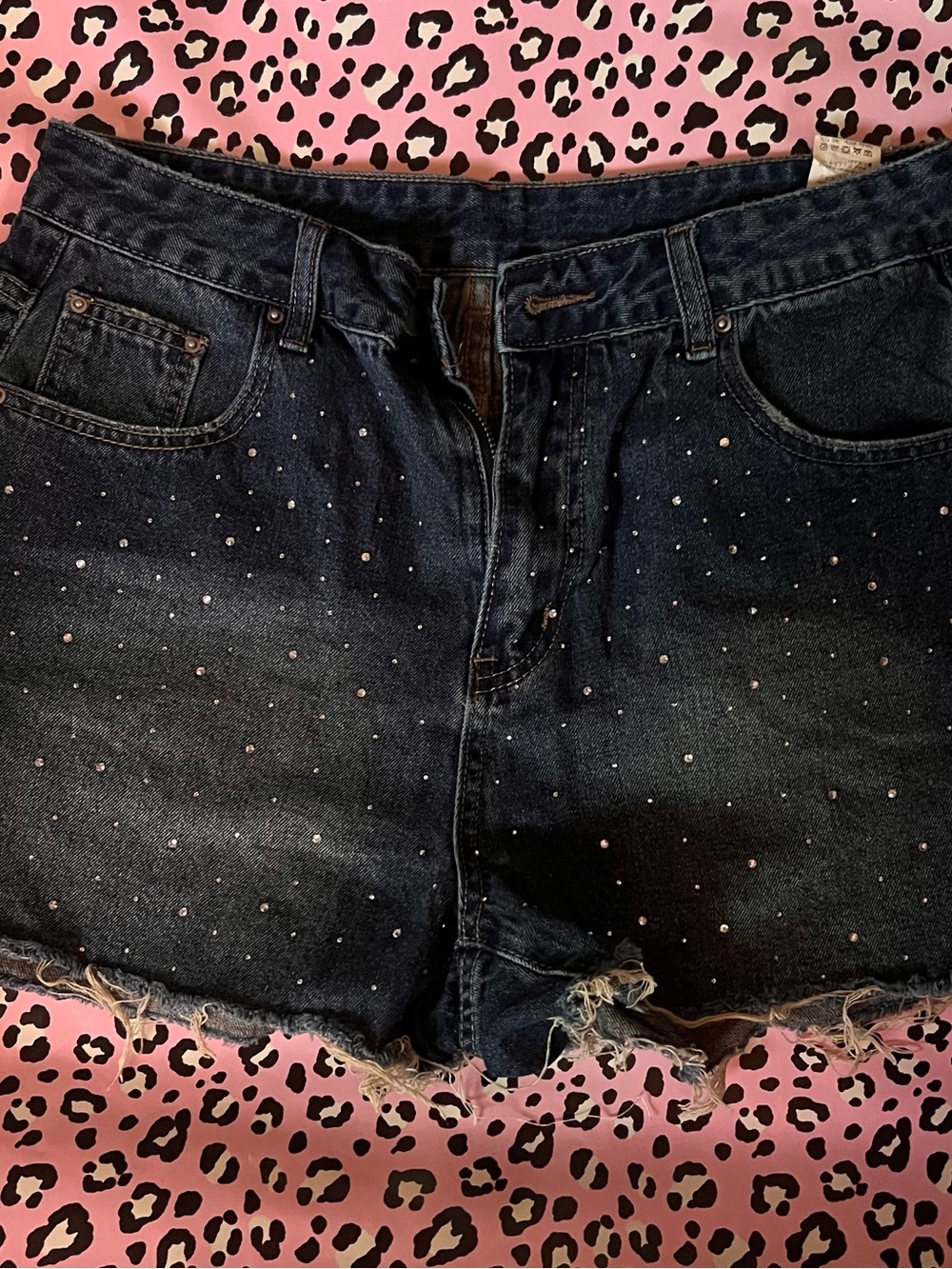 Embellished Dark Blue Denim Jean Shorts with Frayed Hem